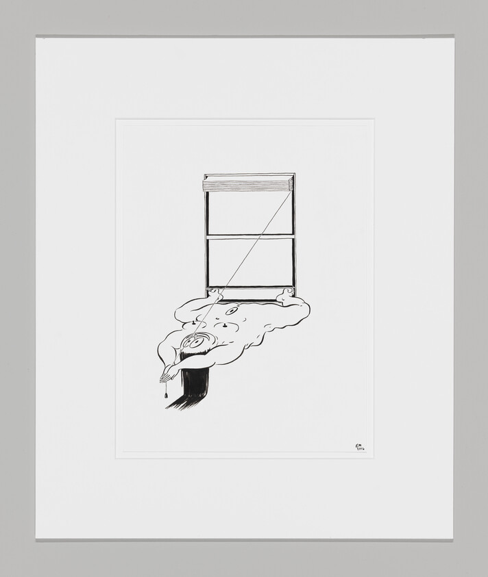 A naked female figure, rendered in black ink, cantilevers spread-eagle from a windowsill, grinning ebulliently