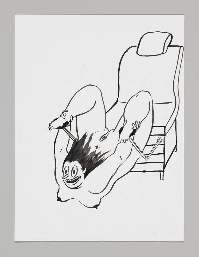 A black and white line drawing of a cartoonish figure reclining in a chair with exaggerated facial features and limbs in a relaxed pose. The figure has a large, smiling face on its torso.