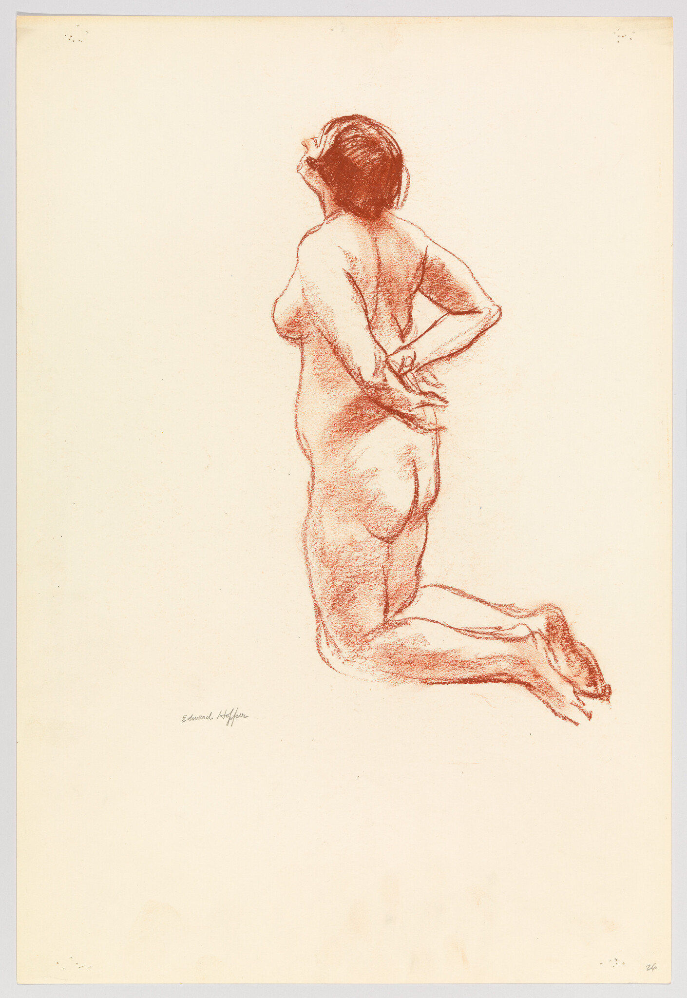 A red chalk sketch of a nude woman kneeling with hands behind her back, looking upward.
