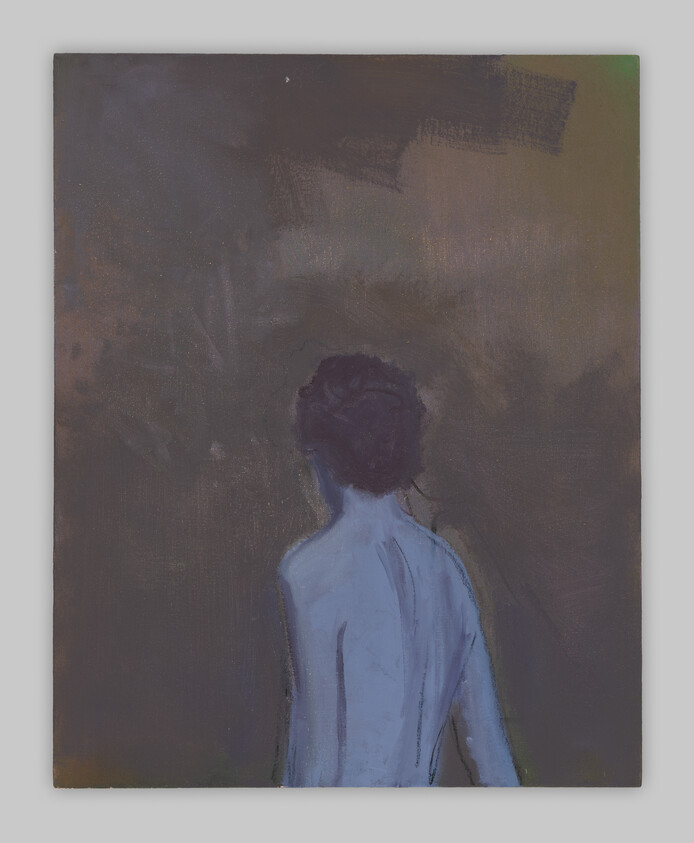 A solitary blue-toned figure seen from behind against a dark, textured background.