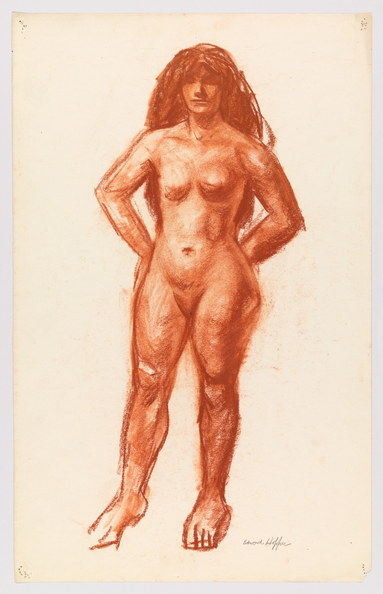 Nude woman standing with hands on hips, rendered in red chalk sketch.