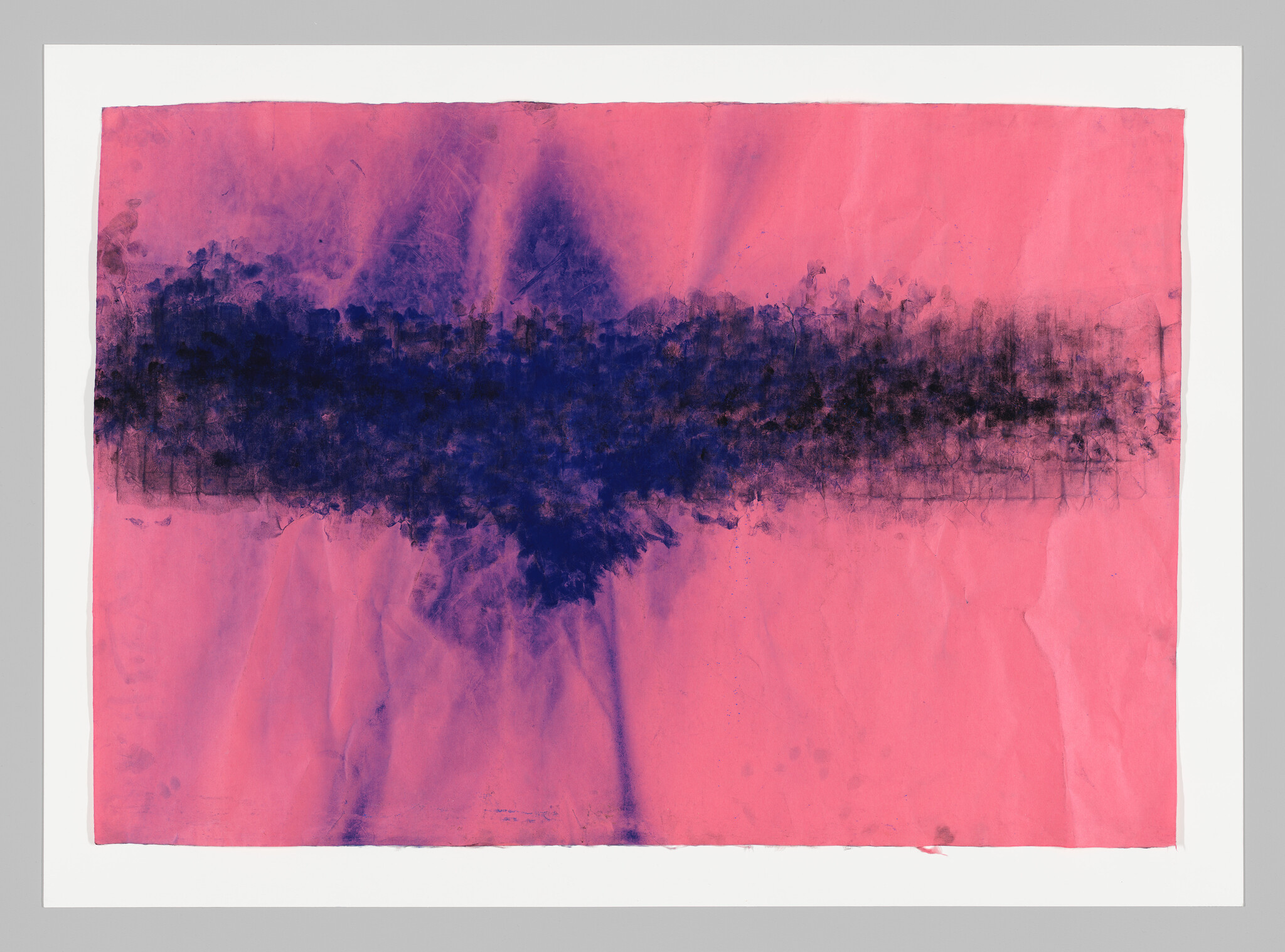 A vibrant abstract artwork featuring a broad horizontal band of deep blue and black textures across the center, set against a vivid pink background with a crinkled paper texture. The piece is presented on a white border.