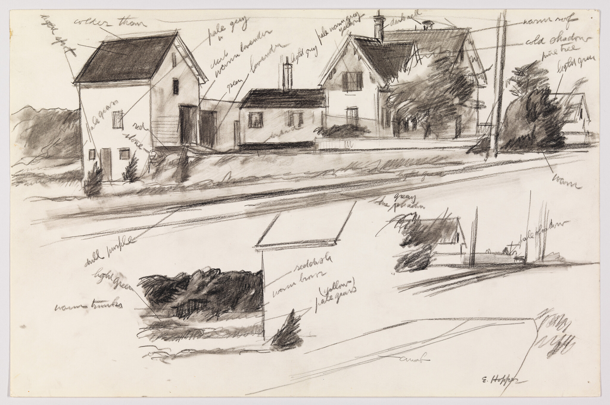 Pencil and charcoal sketch of several houses and landscape studies with handwritten notes.