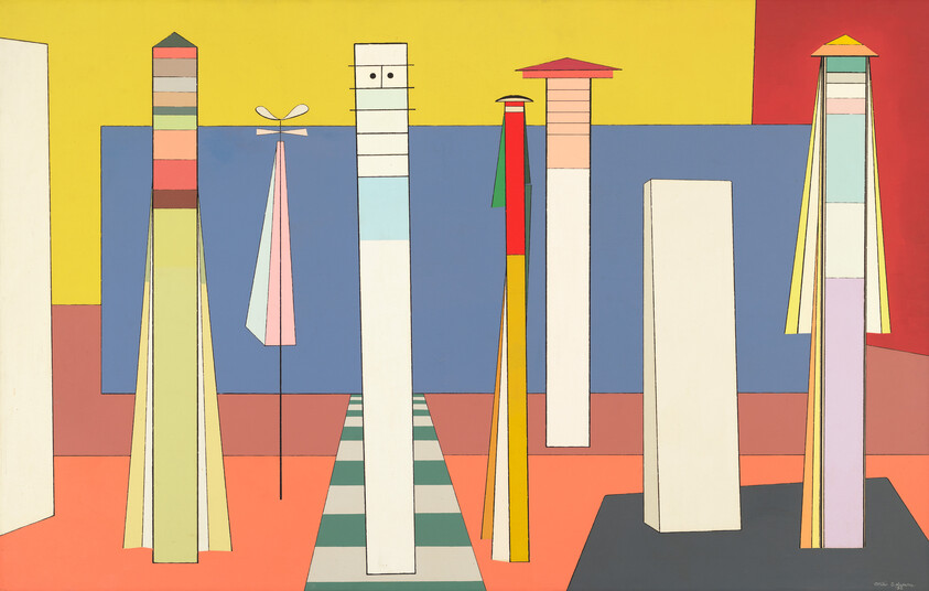 Seven tall, colorful geometric towers stand on a patterned floor against large color-blocked backgrounds.