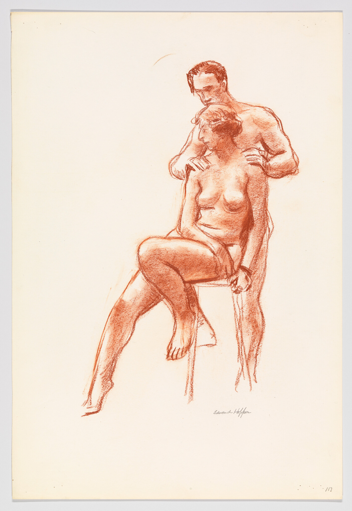 A red chalk sketch of a seated nude woman with a standing man massaging her shoulders.