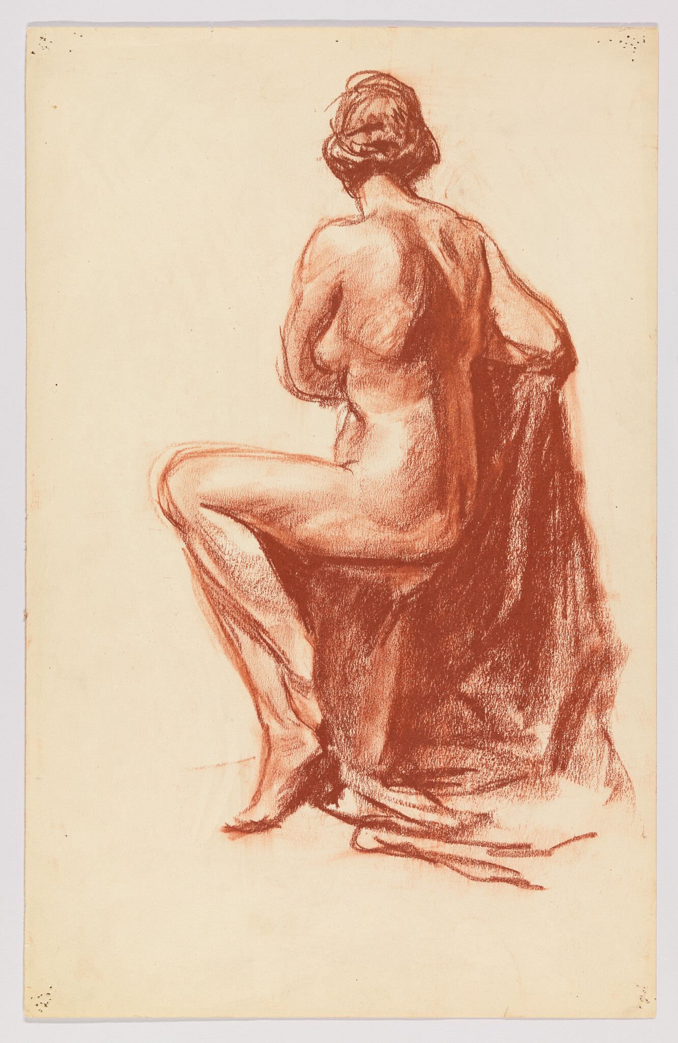 Seated nude woman seen from behind holding a draped cloth while turning slightly to the side.