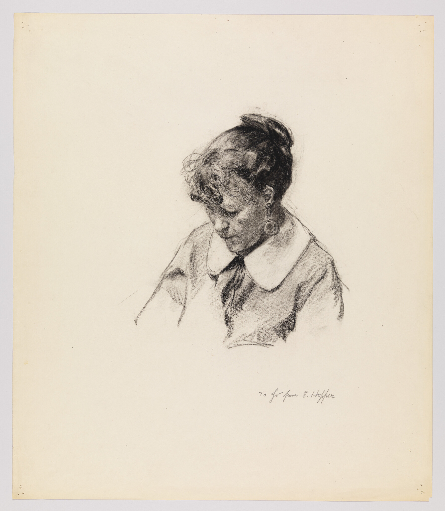 Young woman with hair in a bun looks down in a detailed charcoal sketch.