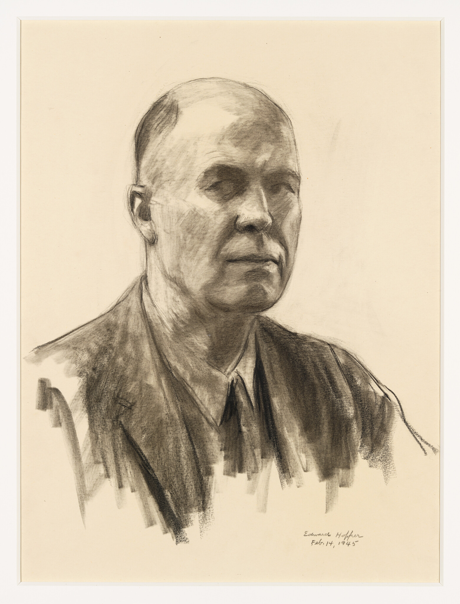 Charcoal portrait of a bald man wearing a suit and tie, looking slightly to the right.