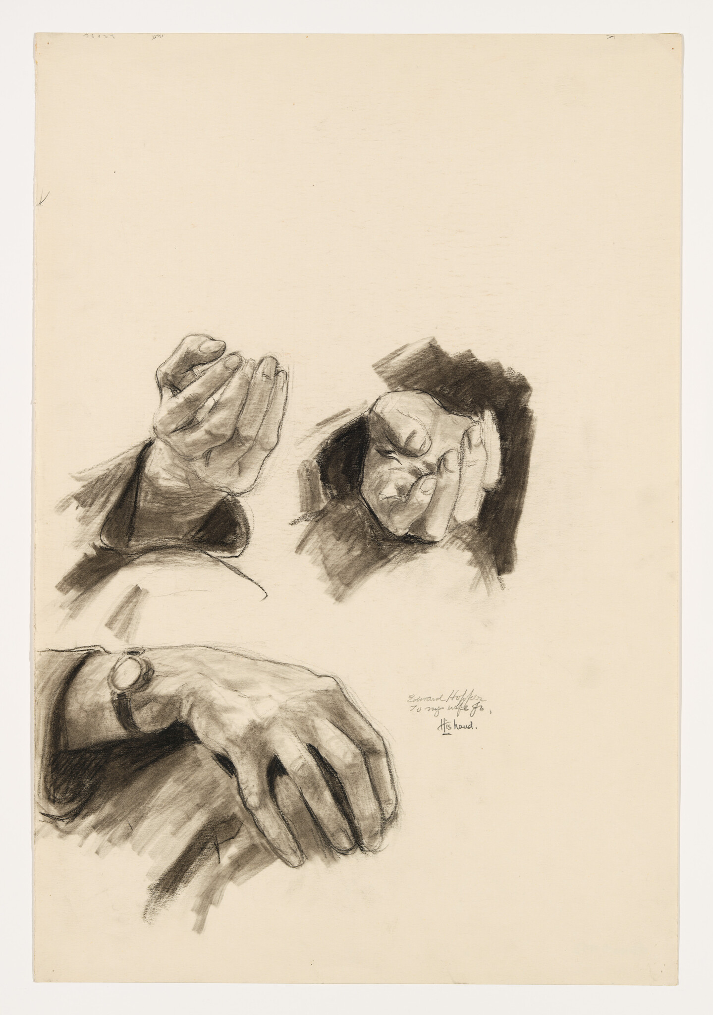 Three charcoal studies of hands showing different gestures and a wristwatch.