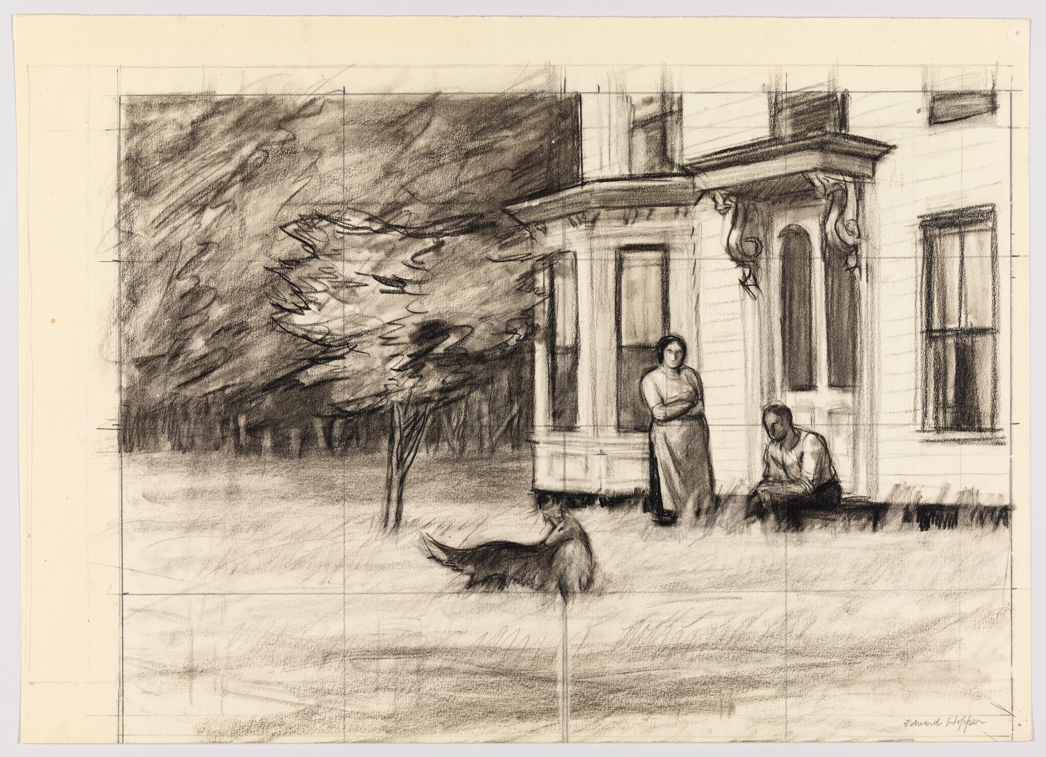 A woman stands with arms crossed on a porch while a man sits and a dog runs.