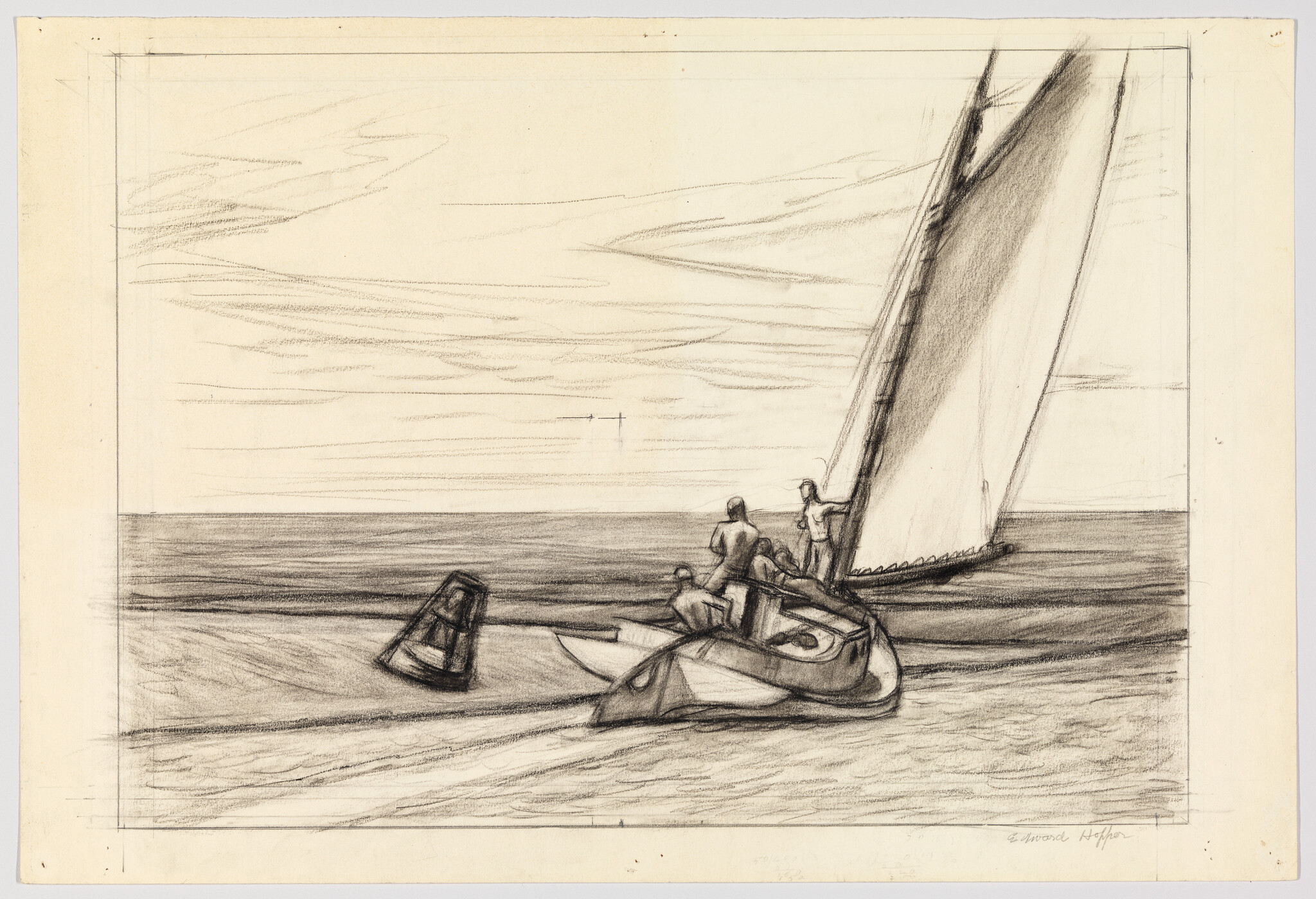 A small sailboat with three people maneuvers near a floating buoy on calm water.