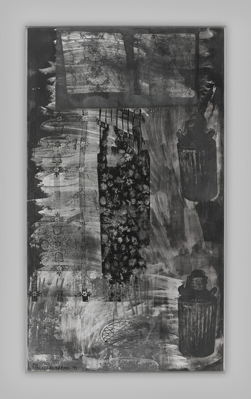 Abstract mixed-media panel showing vertical patterned fabric and two dark cylindrical containers amid smeared textures.
