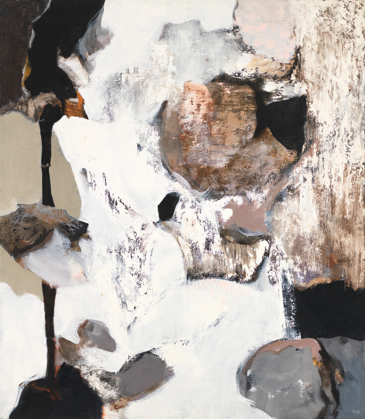 Abstract painting with beige, brown, black, and white shapes forming textured organic forms.