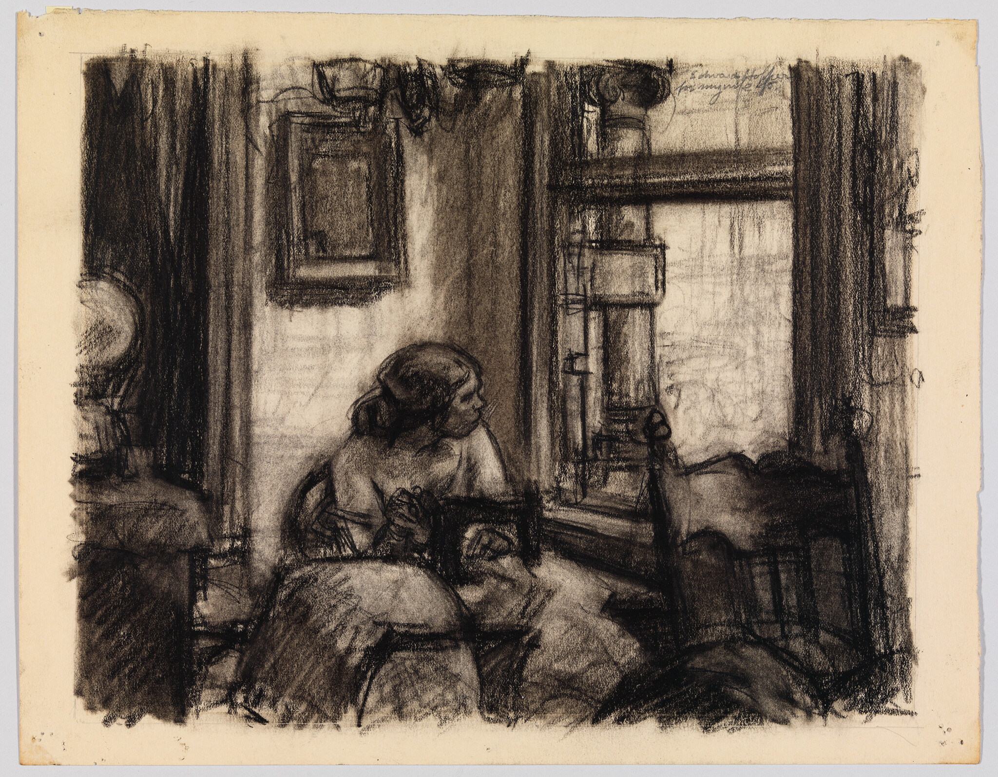 A woman sits by a window in a dim room, gazing thoughtfully outside.