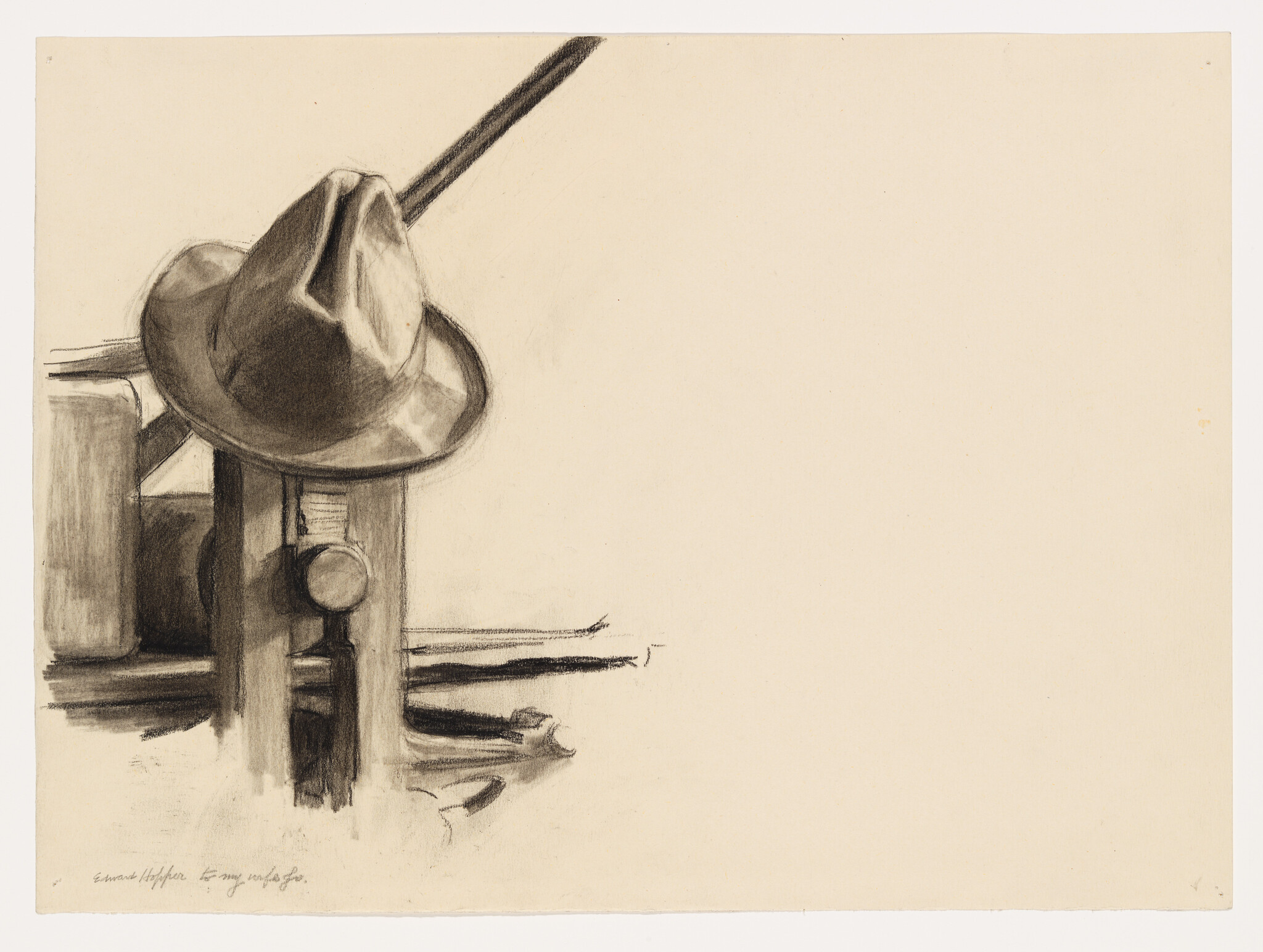 A fedora hat resting on a wooden post beside a railing, drawn in charcoal.