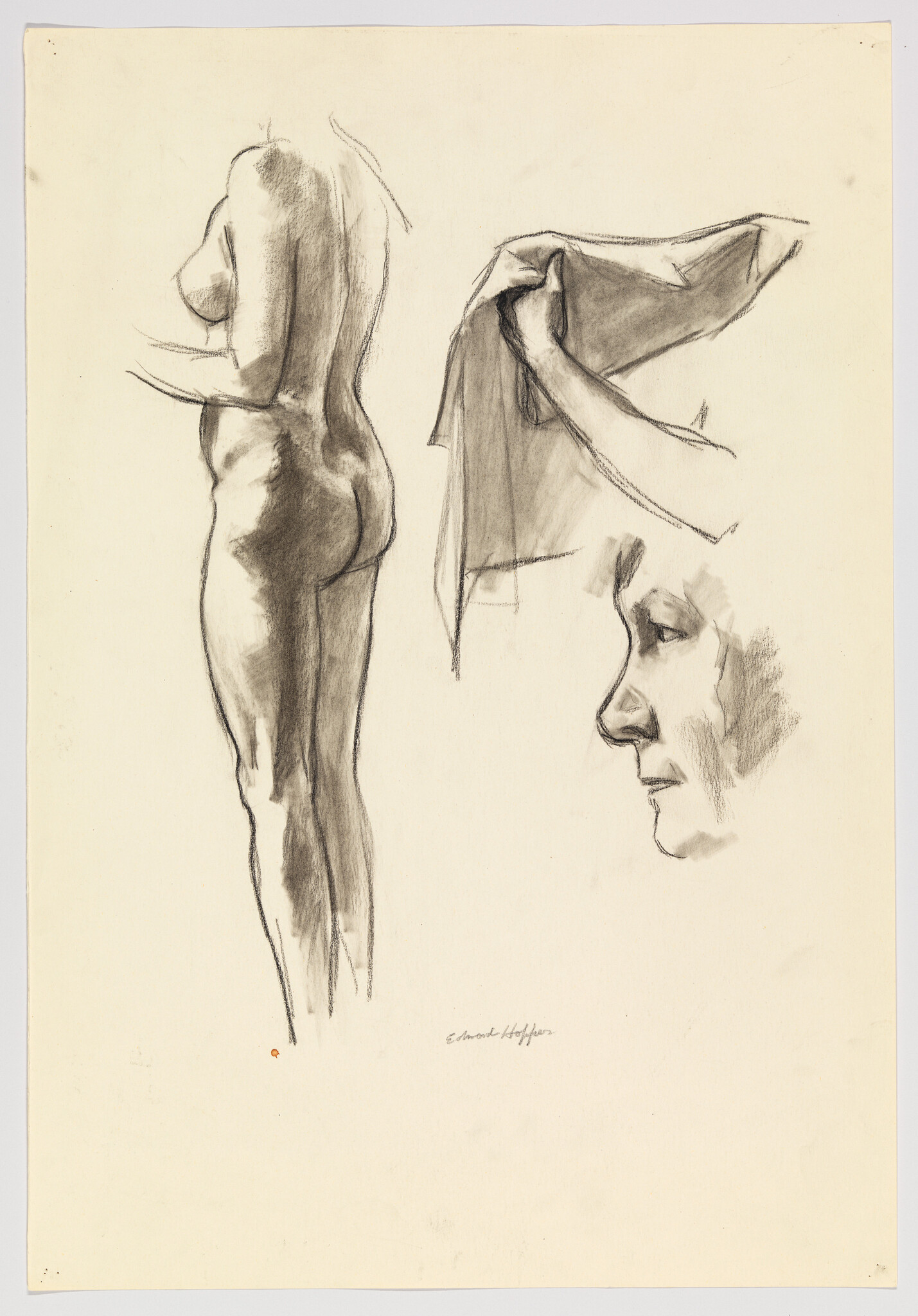 Standing nude female figure in charcoal study with draped cloth and a contemplative profile sketch.
