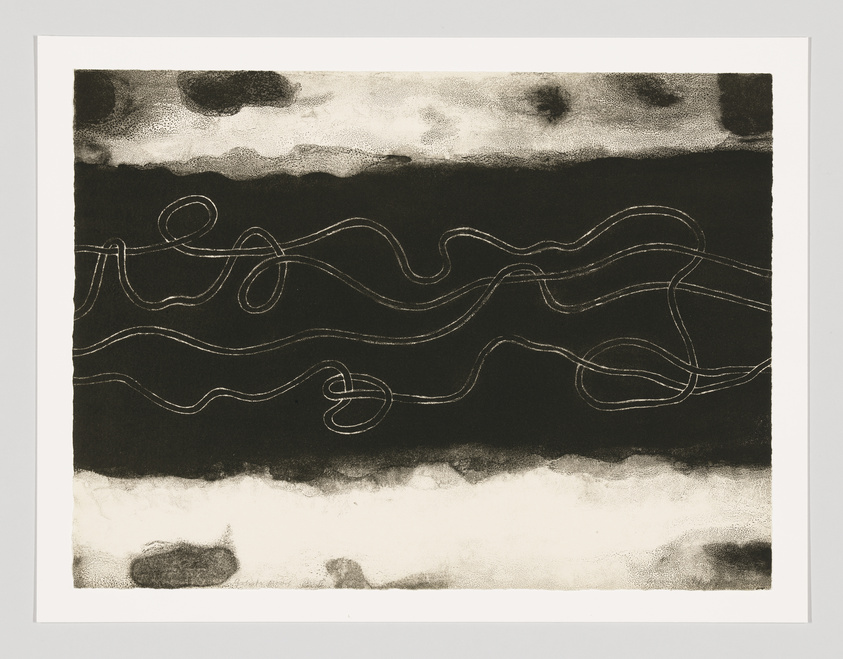 The outline of a tangled, narrow white tube winds across a black background with white, smoky bars running along the top and bottom of the print.
