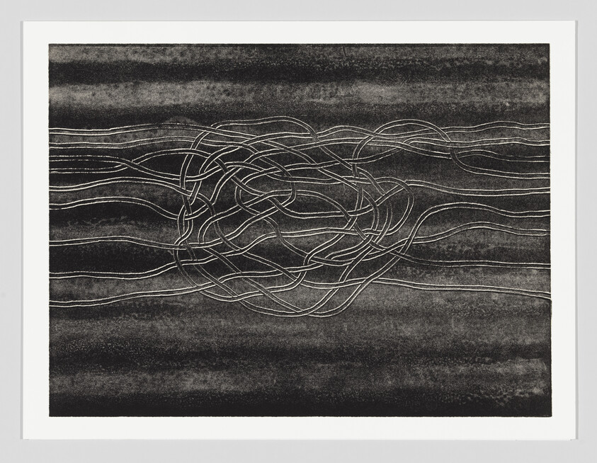 Several thin, white lines twist and overlap in a tangled knot against a dark, textured background.