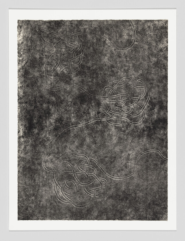 Three tangled lines or cords are spread across a dark, textured background, each forming a loose knot.