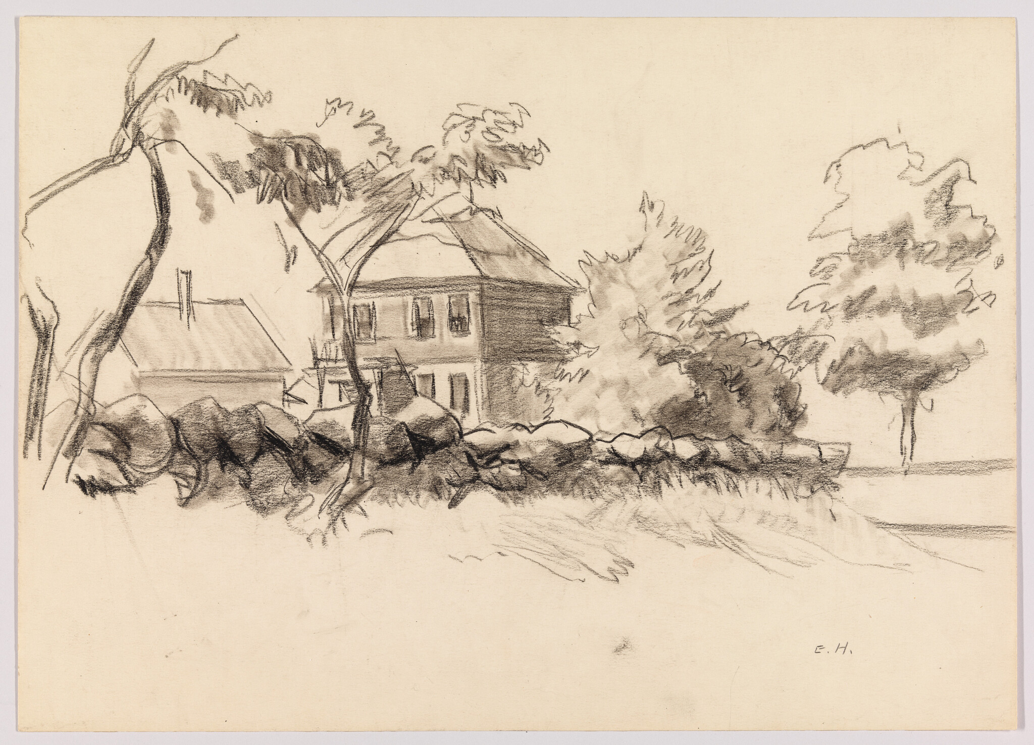 A two-story house sits behind trees and a low stone wall in a rural sketch.
