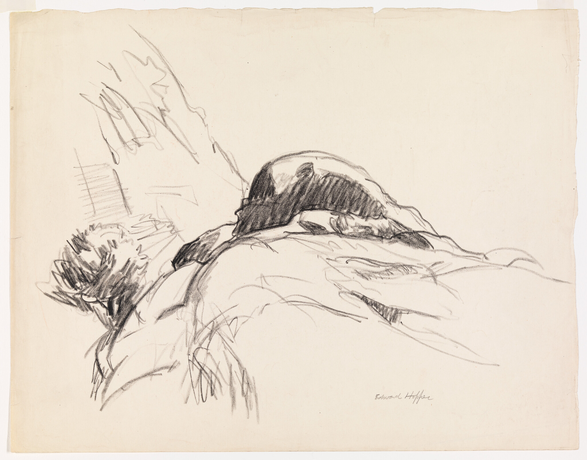 A reclining figure seen from the back on a bed, sketched in charcoal.