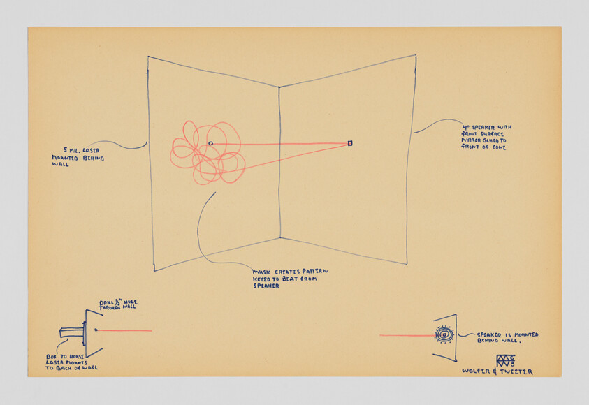 Schematic drawing showing a speaker mounted behind a wall projecting a pulsing sound pattern into a room.