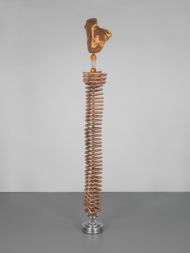 A sculpture featuring a tall, vertical copper spring mounted on a circular metal base, with a polished wooden form resembling an abstract bird perched on top. The background is a neutral gray.