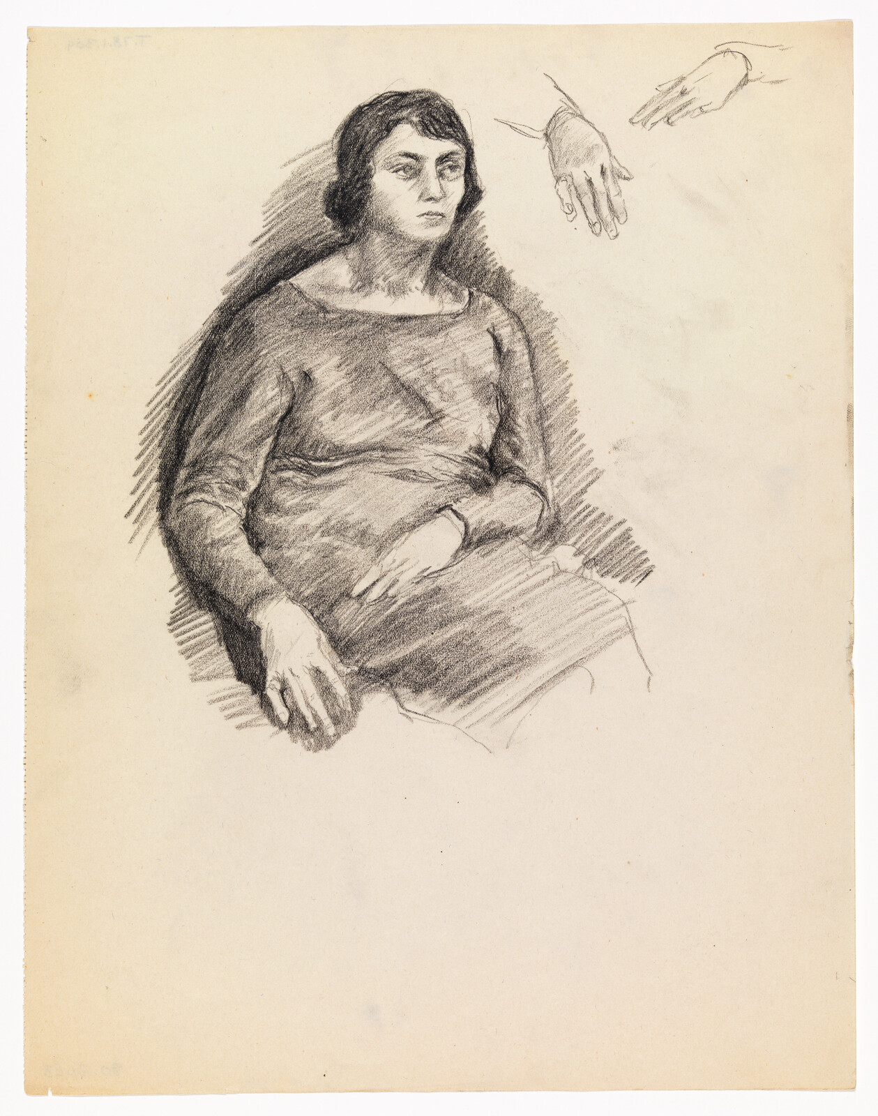 A seated woman with folded hands in her lap and two hand studies drawn above.