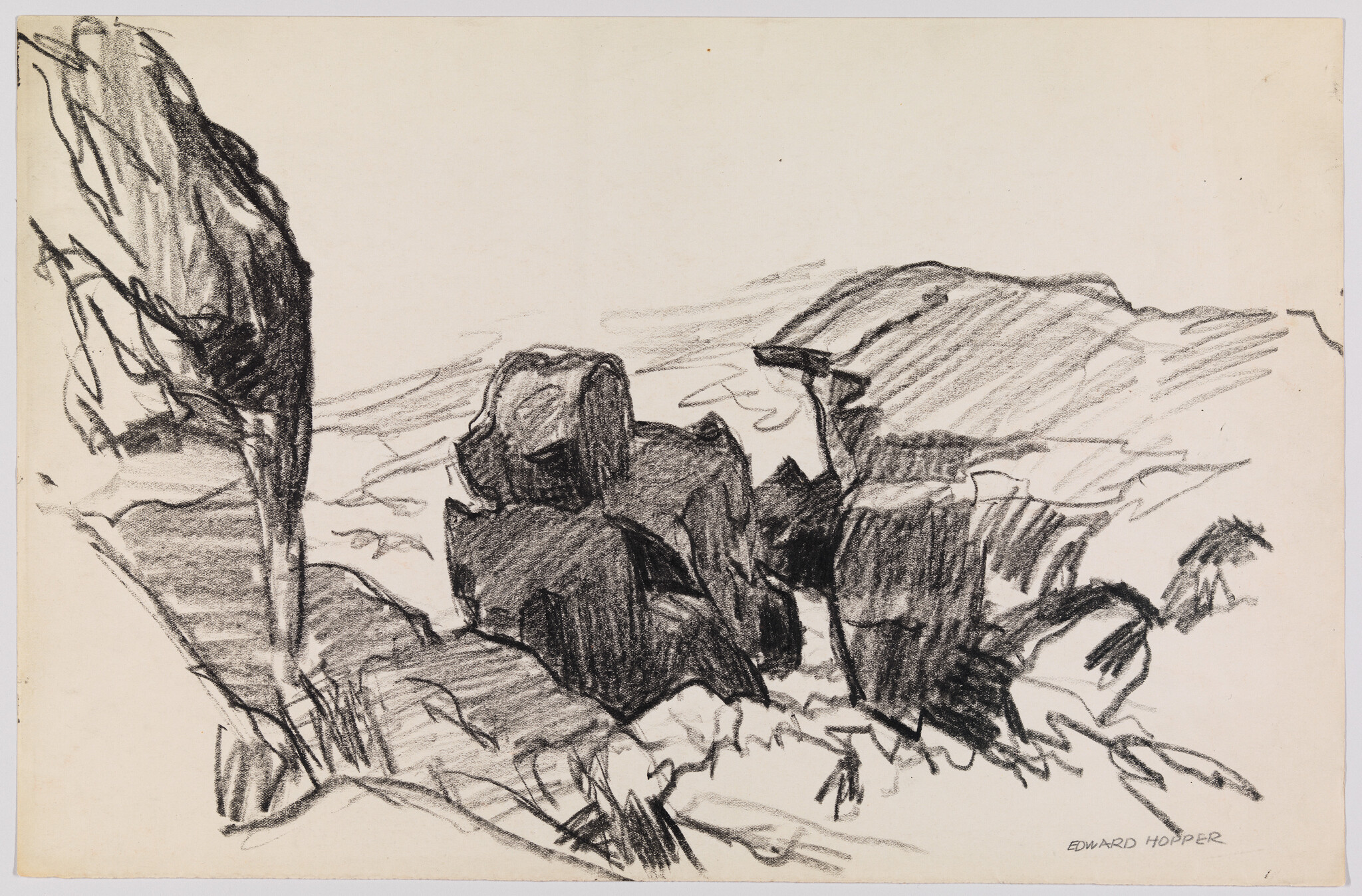 Rough charcoal sketch of jagged coastal rocks and cliffs with distant hills.