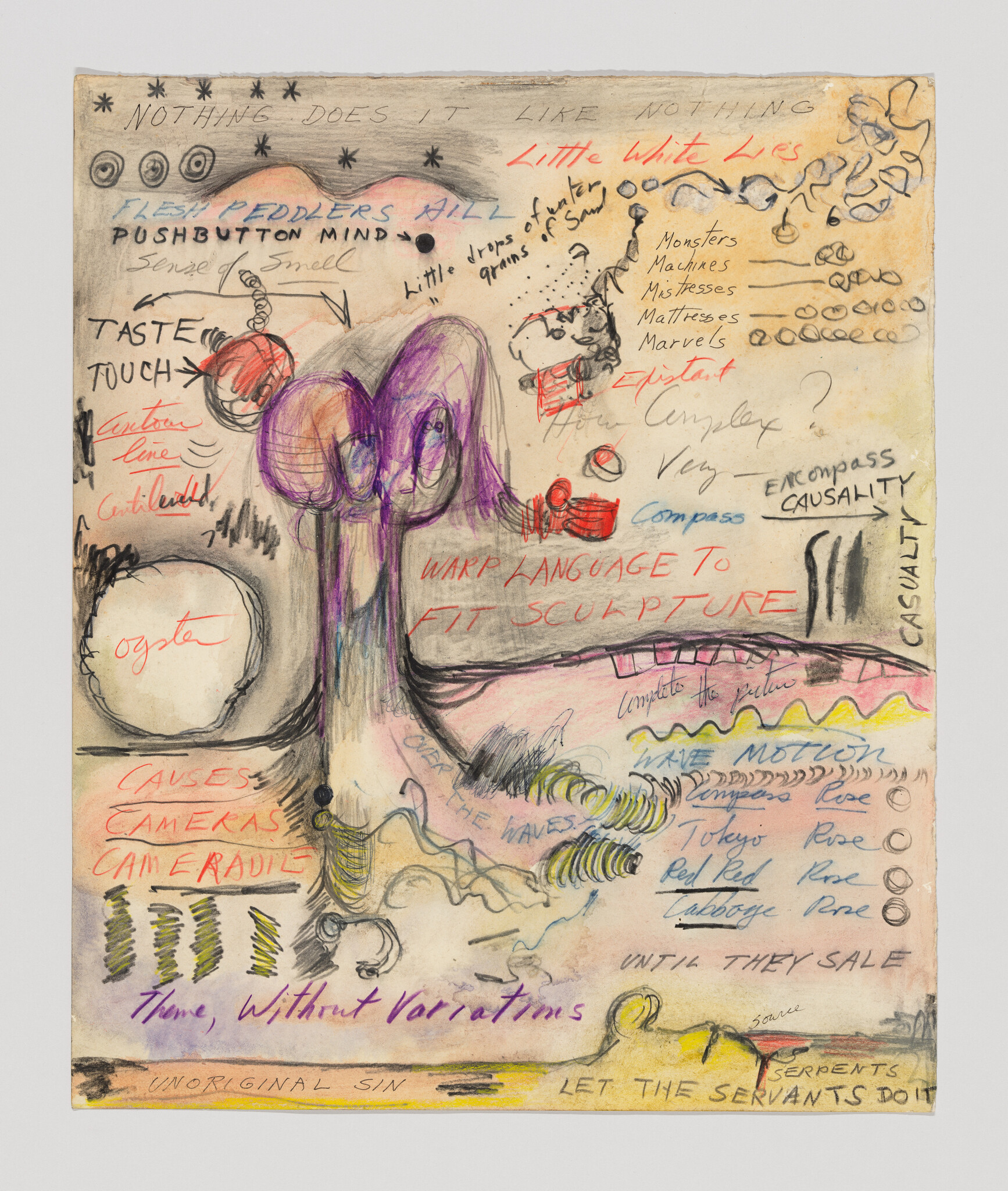 A colorful sketch of a purple abstract figure surrounded by handwritten notes saying "Warp language to fit sculpture."