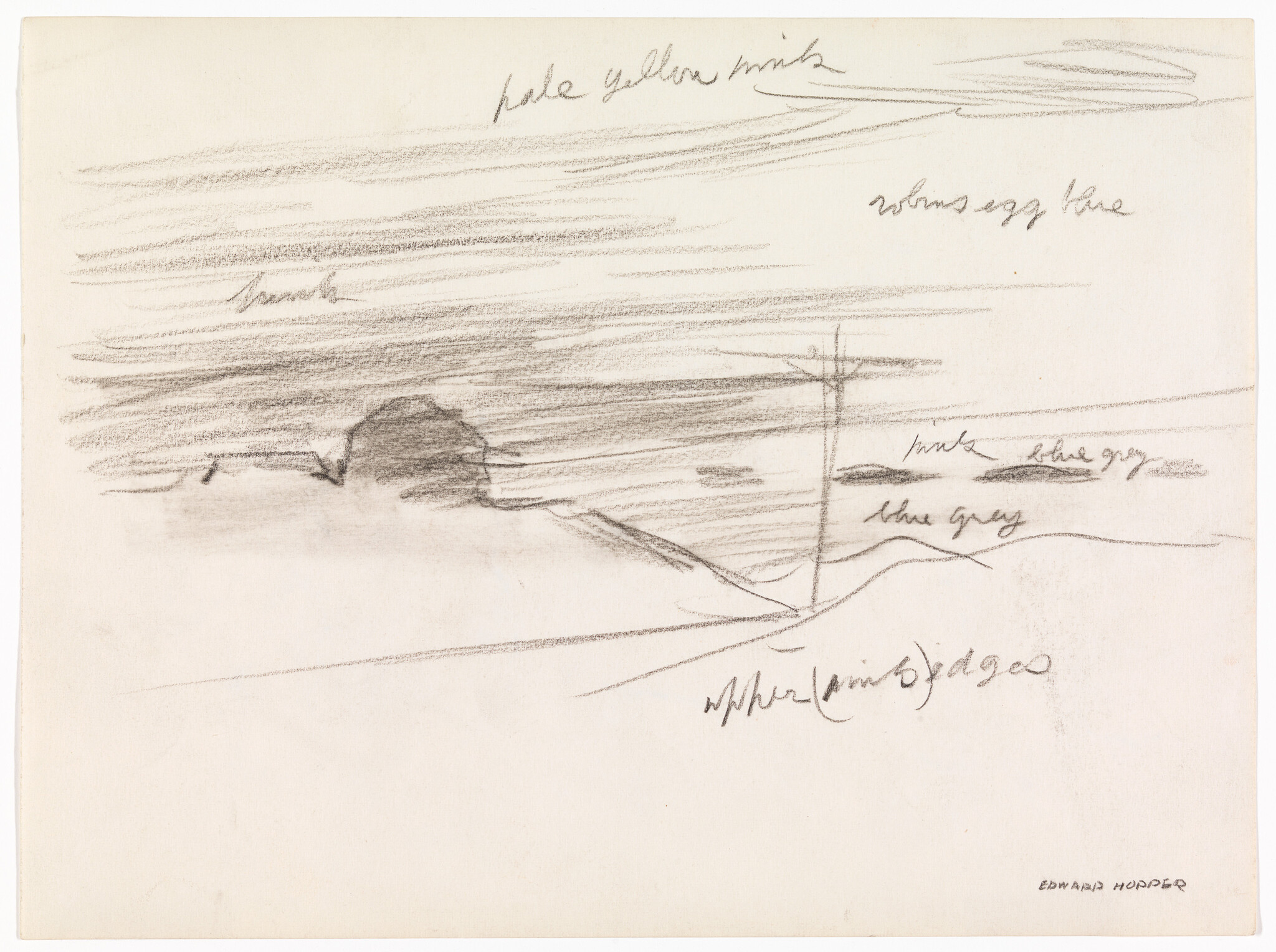Simple pencil sketch of a coastline with a small building, a telephone pole, and horizon notes.