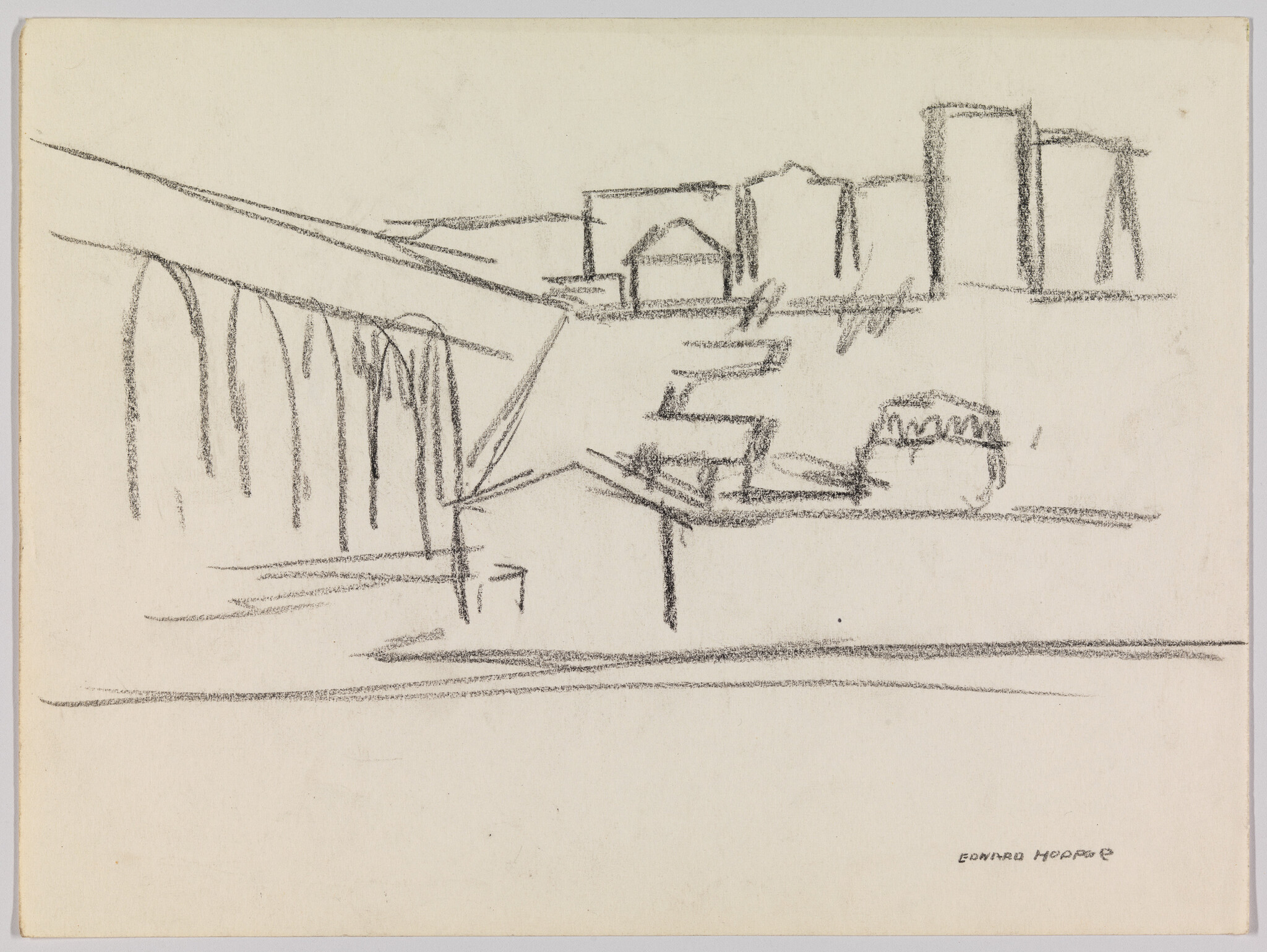Rough charcoal sketch of a riverside bridge with arches and distant buildings.