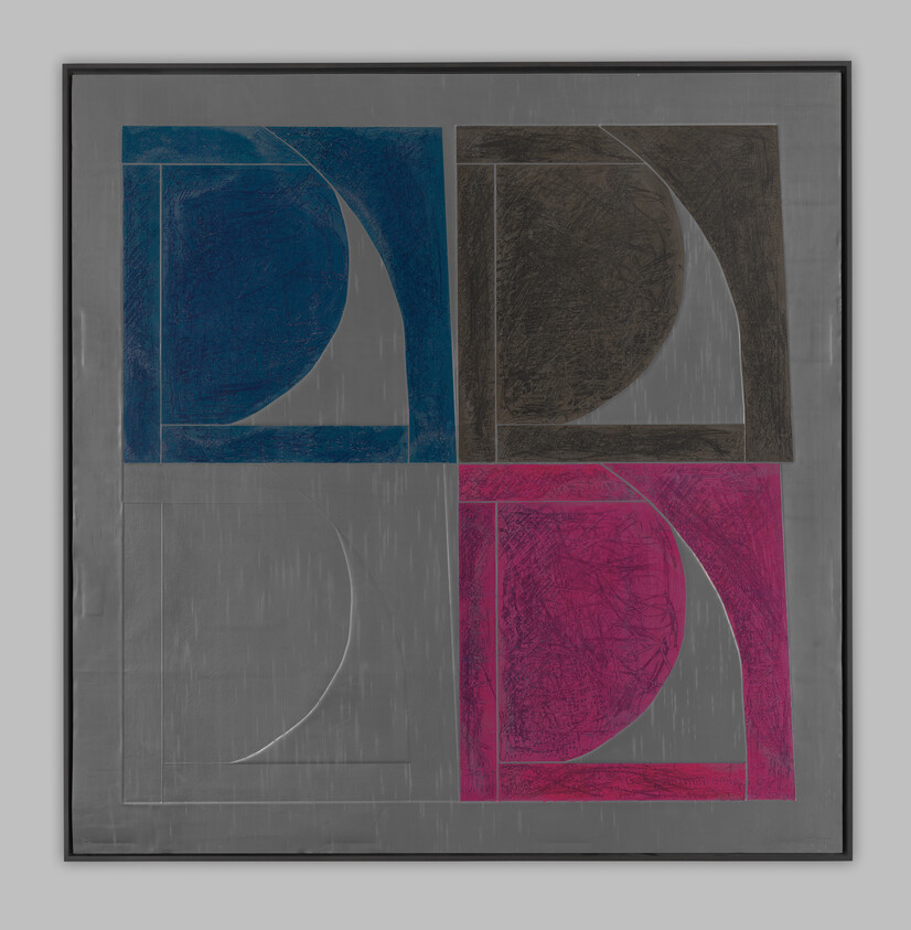 Abstract geometric painting with four colored quarter-circle panels in blue, brown, gray, and magenta.