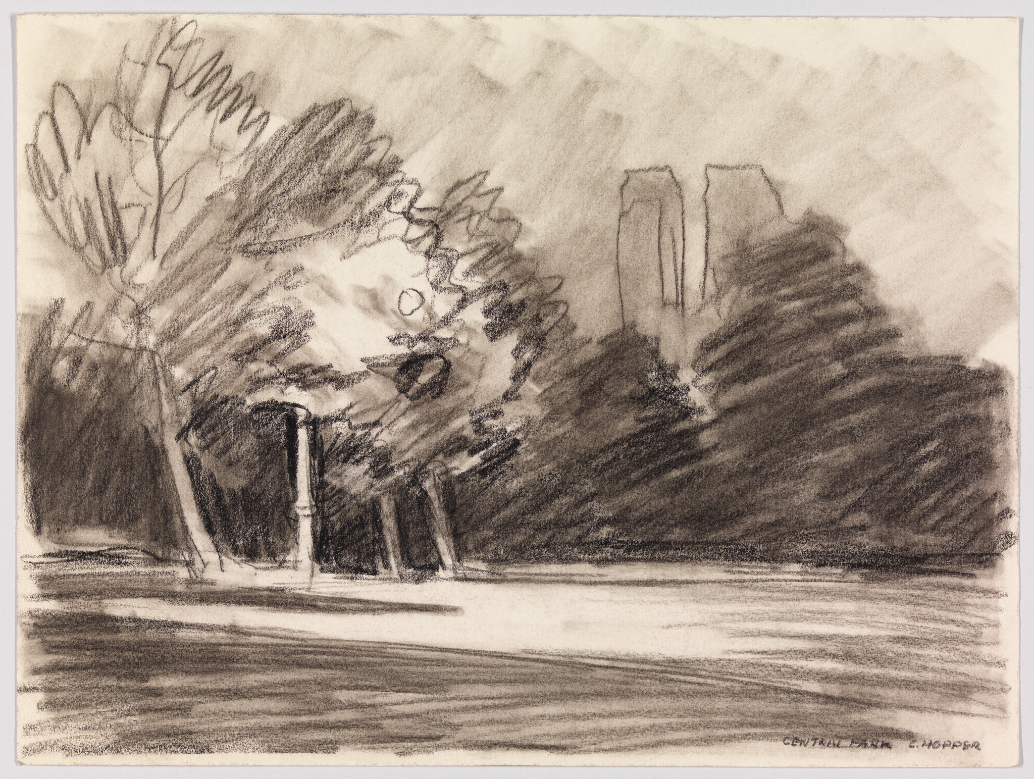 A charcoal sketch depicting a serene park scene with trees, a body of water in the foreground, and buildings faintly visible in the background. The artist's signature and the words "Central Park" are inscribed at the bottom right.