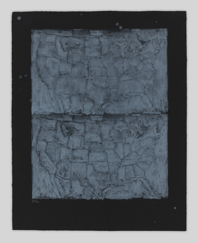 Two textured, rectangular stone-like surfaces are stacked vertically on a dark background, with faint grid patterns visible.