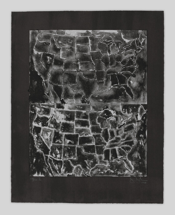 Two textured black-and-white maps of the United States stacked vertically on a dark background.