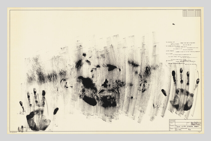 Smudged black ink portrait of a face with two visible handprints on pale paper.