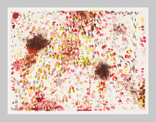Abstract watercolor painting with scattered pink, red, and yellow dots and three dark blotches.