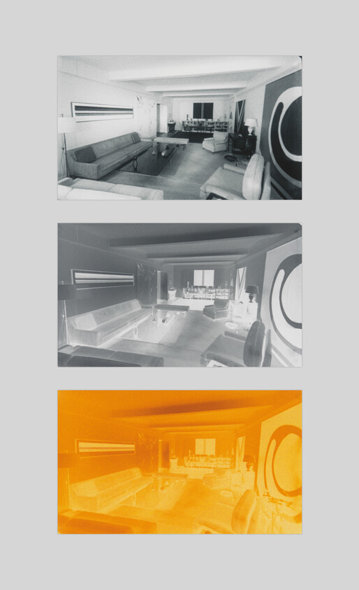 A triptych of the same modern living room presented with different color filters. The top image is in grayscale, the middle is inverted with a bluish tint, and the bottom image has a warm, orange filter. Each image shows a consistent layout with a large abstract wall art on the right, a long couch in the center, and a bar area in the back.