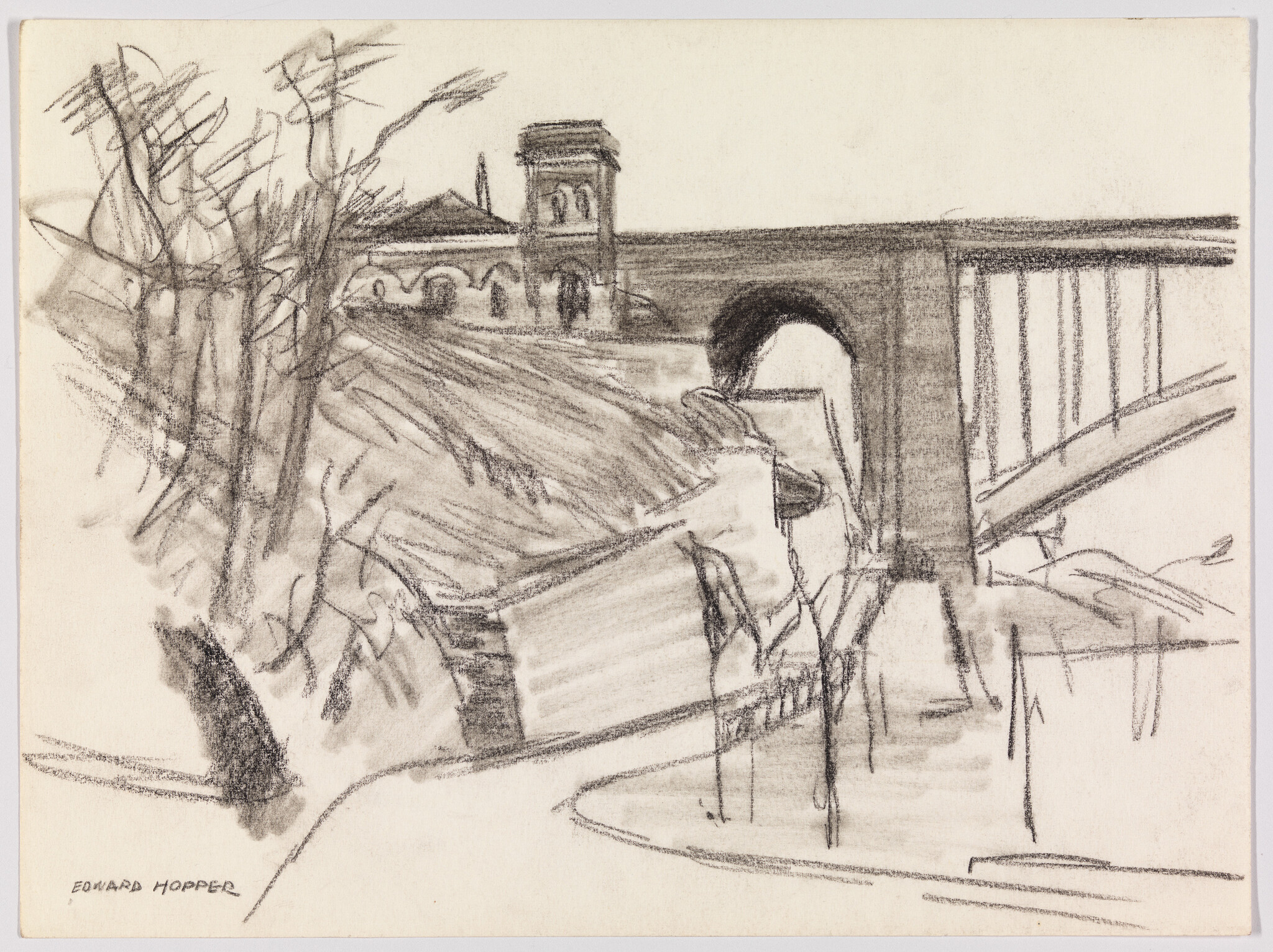 A charcoal sketch of a stone viaduct and tower above a sloping riverbank with bare trees.