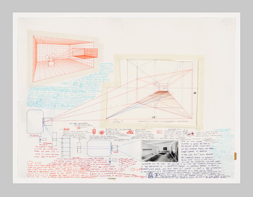 Perspective study showing vanishing-point grid, diagrams, and handwritten notes for a room layout.