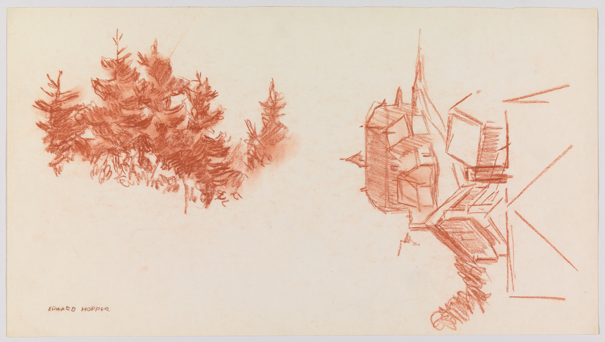 Red chalk sketch showing cluster of evergreen trees on the left and a small town church on the right.