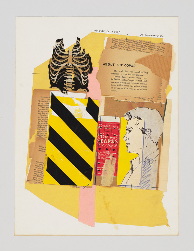 A mixed-media collage featuring various paper elements including a ribcage illustration, yellow and black diagonal stripes, text excerpts, and a side profile drawing of a man's face. The papers are layered on a cream background, with handwritten text and dates visible, creating an abstract composition.