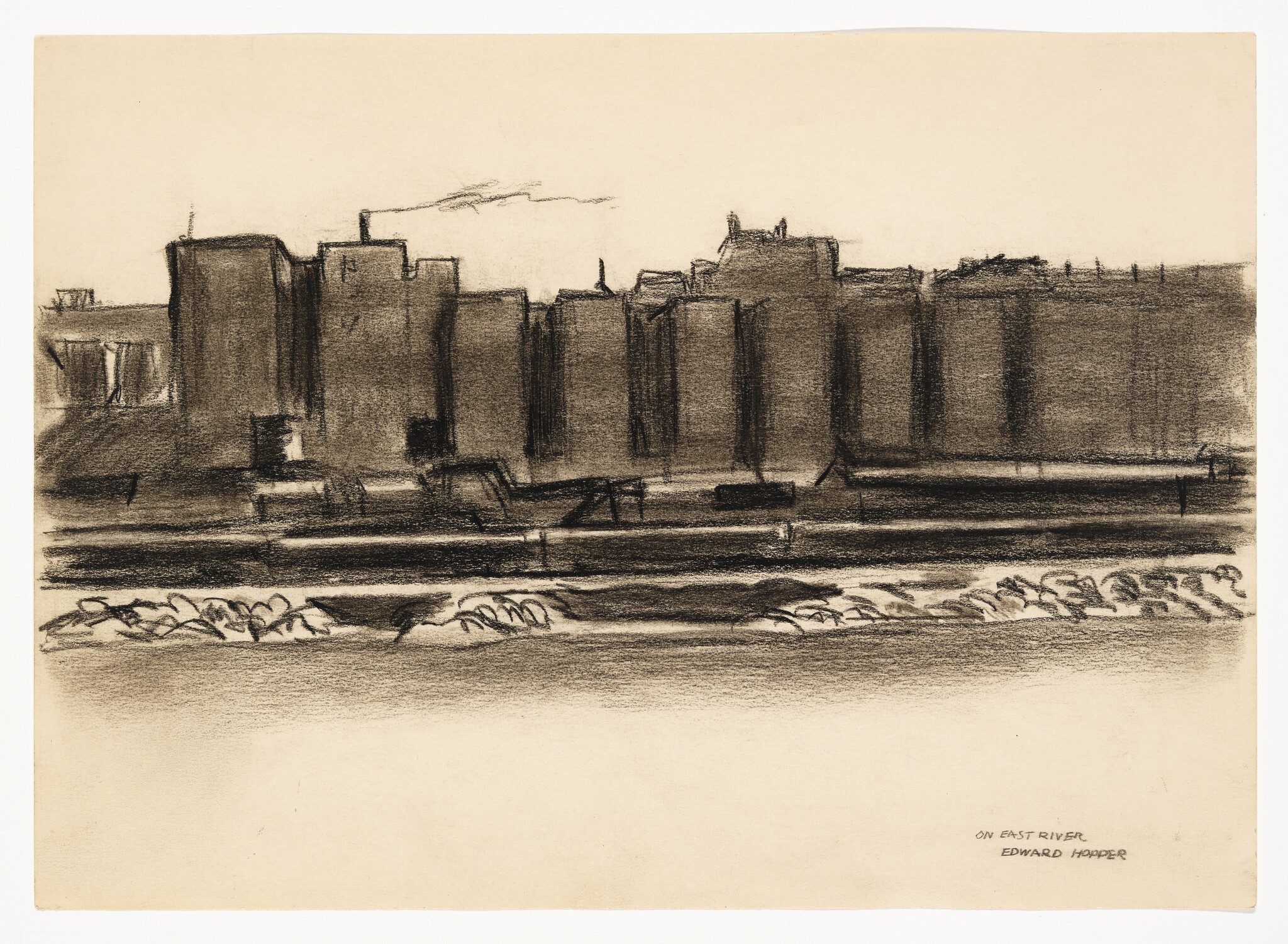 Charcoal drawing of blocky waterfront buildings and barges along the East River, titled "On East River" by Edward Hopper.