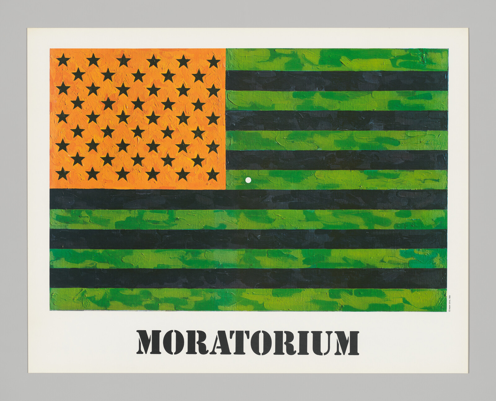 A fifty-starred American flag rendered in orange with black stars and black and green stripes, over a stencil of the word "MORATORIUM."
