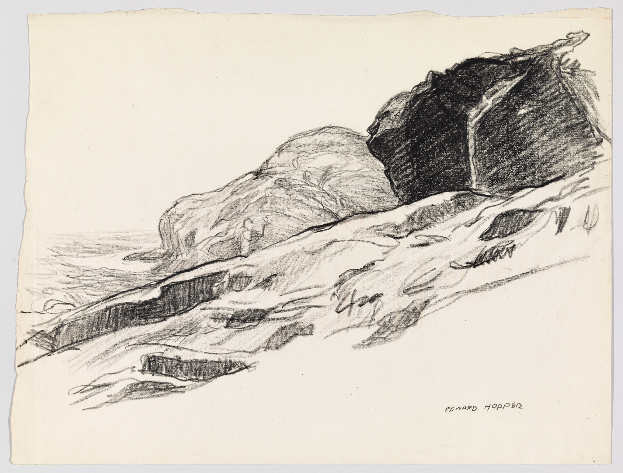 Rough pencil sketch showing sloping coastal rocks and a dark cliff beside the sea.