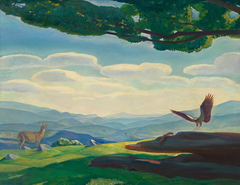 A bird launches from a sunlit rock while a deer watches across rolling green hills.