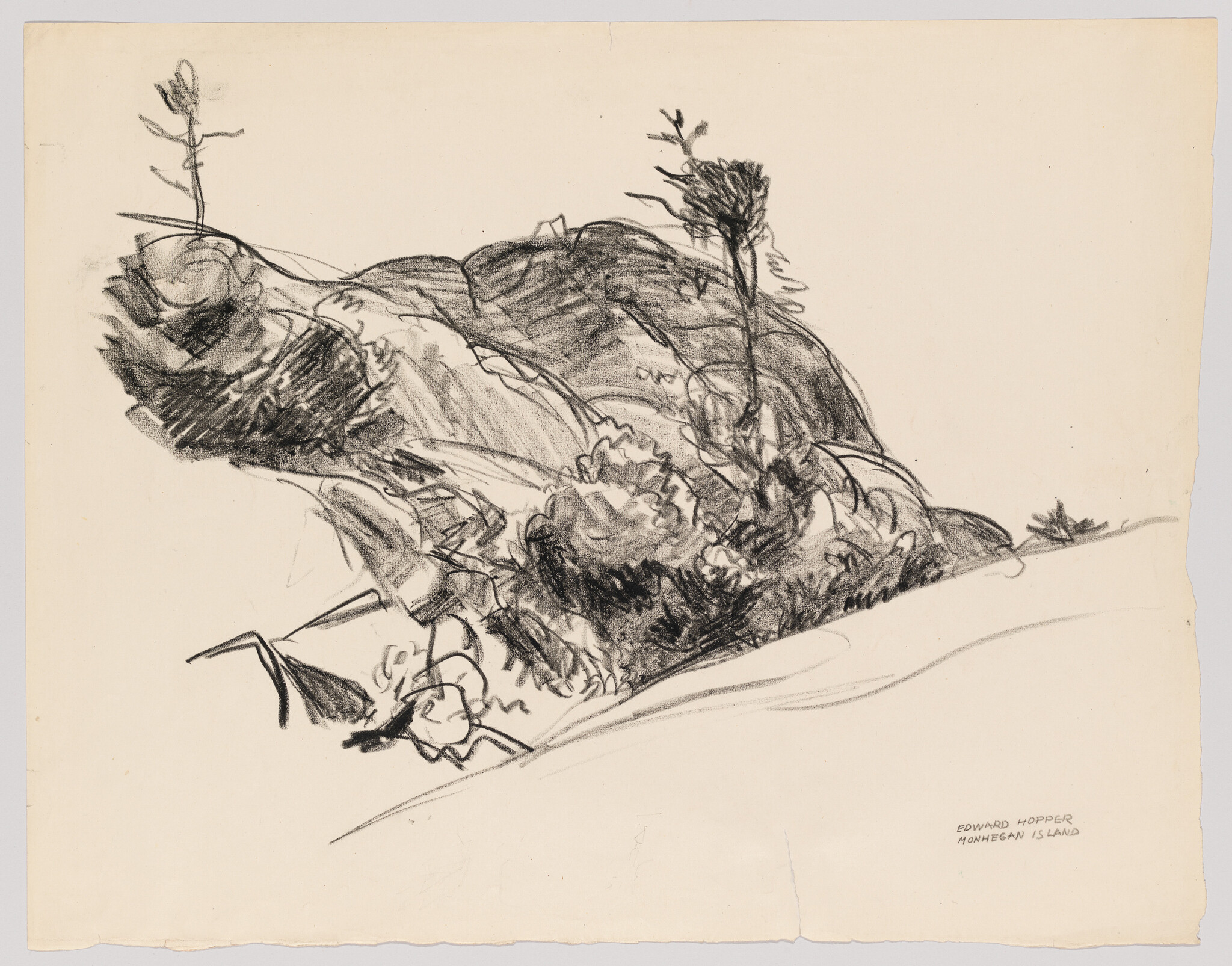 Charcoal sketch of a rocky hillside with sparse trees and low vegetation.