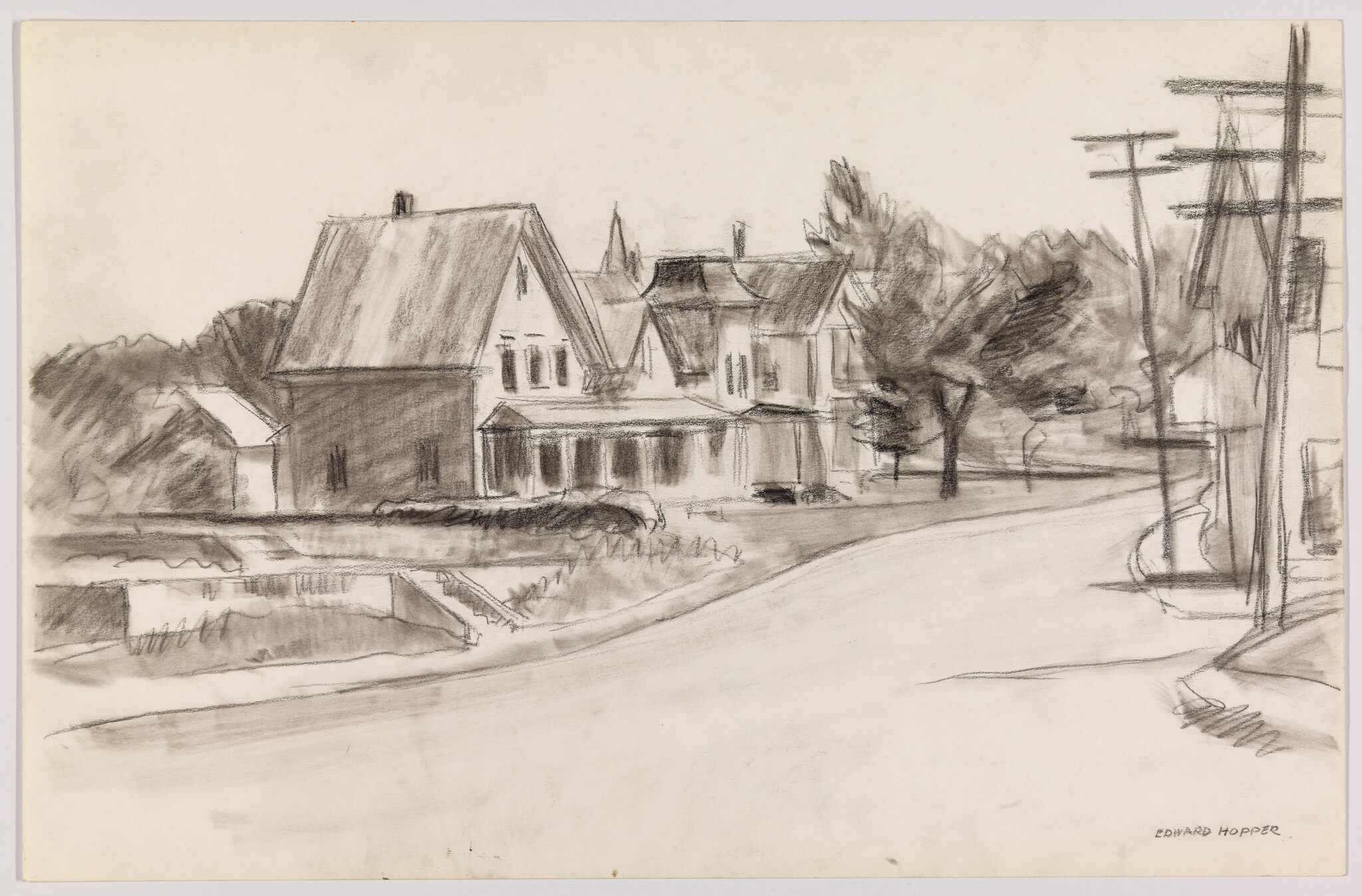 A charcoal sketch of two-story houses lining a curved road with trees and utility poles.
