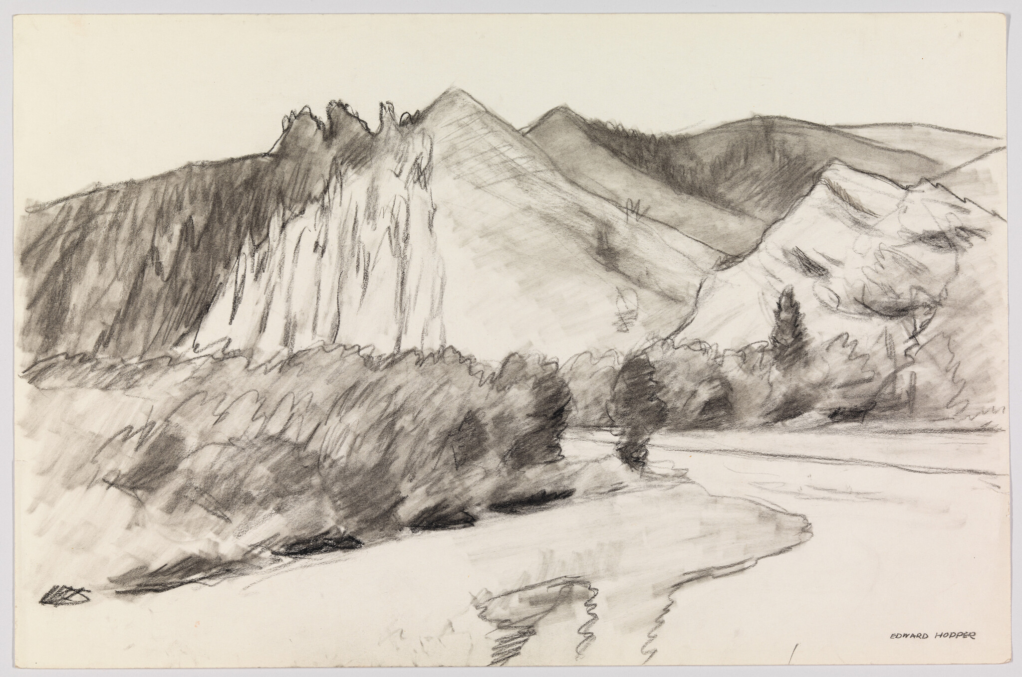Soft charcoal sketch of rocky mountains and trees reflected along a calm riverbank.